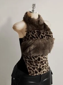 SHEIN ICON Women's Plus Size Leopard Print Patchwork Faux Fur Halter Top - Brown - View 7