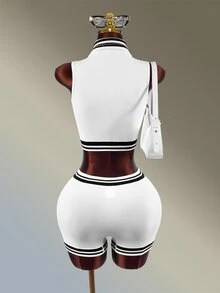 Amplova Women's Colorblock Zip-Up Top And Shorts Casual Daily Sports Outfit - White - View 5