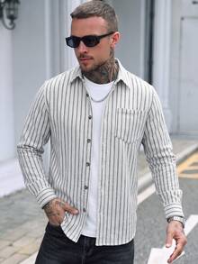 Manfinity Homme Plus Size Men's Striped Casual Daily Overcoat - White - View 5