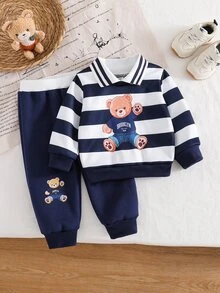 SHEIN 2pcs Toddler Boy Polo Sweatshirt Jogger Pants Cute Navy Blue White Bear Graphic Ribbed Long Sleeve Collared Birthday Party Spring Outdoor Elastic - Blue - View 1