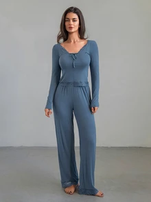 DAZY Women's Tie-Front Long Sleeve Top And Lace Long Pants Pajama Set - Blue - View 5