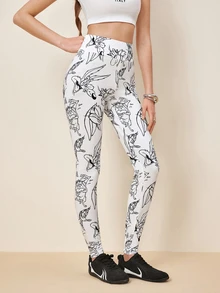 LOONEY TUNES X SHEIN Women's Cartoon Print High Waist Casual Daily Wear Tight Leggings - White - View 1