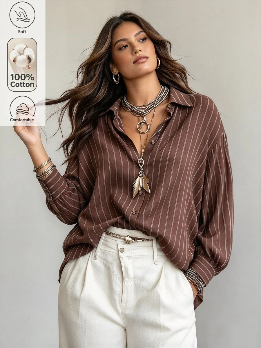 Ceyna Plus Size Brown Striped Cotton Blend Vintage Single-Breasted Button-Down Long Sleeve Shirt, Versatile Outerwear And Inner Layer For Women, Autumn/Winter