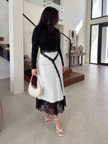 Lacomfia Rok Wanita Slim Fit Model Duyung dengan Desain Patchwork Renda, Serbaguna, Elegan, Warna Putih untuk Musim Gugur, Ukuran Plus - MultiWarna - View 8