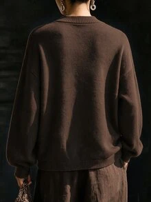 LUMIGAL New Chinese Style V-Neck Asymmetrical Collar With Frog Buttons, Dropped Shoulder Loose Lantern Long Sleeve Ribbed Hem Cardigan Sweater For Women, Autumn - Coffee Brown - View 2