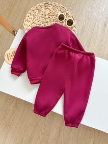 SHEIN 女嬰針織秋冬字母圖案長袖衛衣與鬆緊腰長褲 2件組 - 酒紅色 - 查看 2