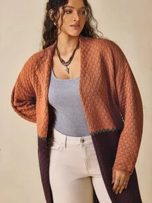 Nubod Plus Size Deep & Light Glitter Contrast Design Long Sleeve Cardigan Knit Sweater Casual Vintage Comfortable - Multicolor - View 2