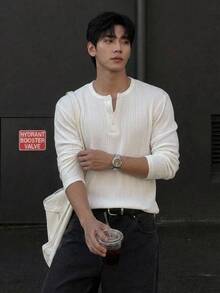 DAZY Spring/Autumn White Crew Neck Half-Button Men's T-Shirt - White - View 6