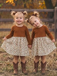 SHEIN Baby Girl Knit Solid Color Round Neck Patchwork Cute Floral Hem Casual Dress, Suitable For Autumn/Winter,New Fall Styles - Multicolor - View 6