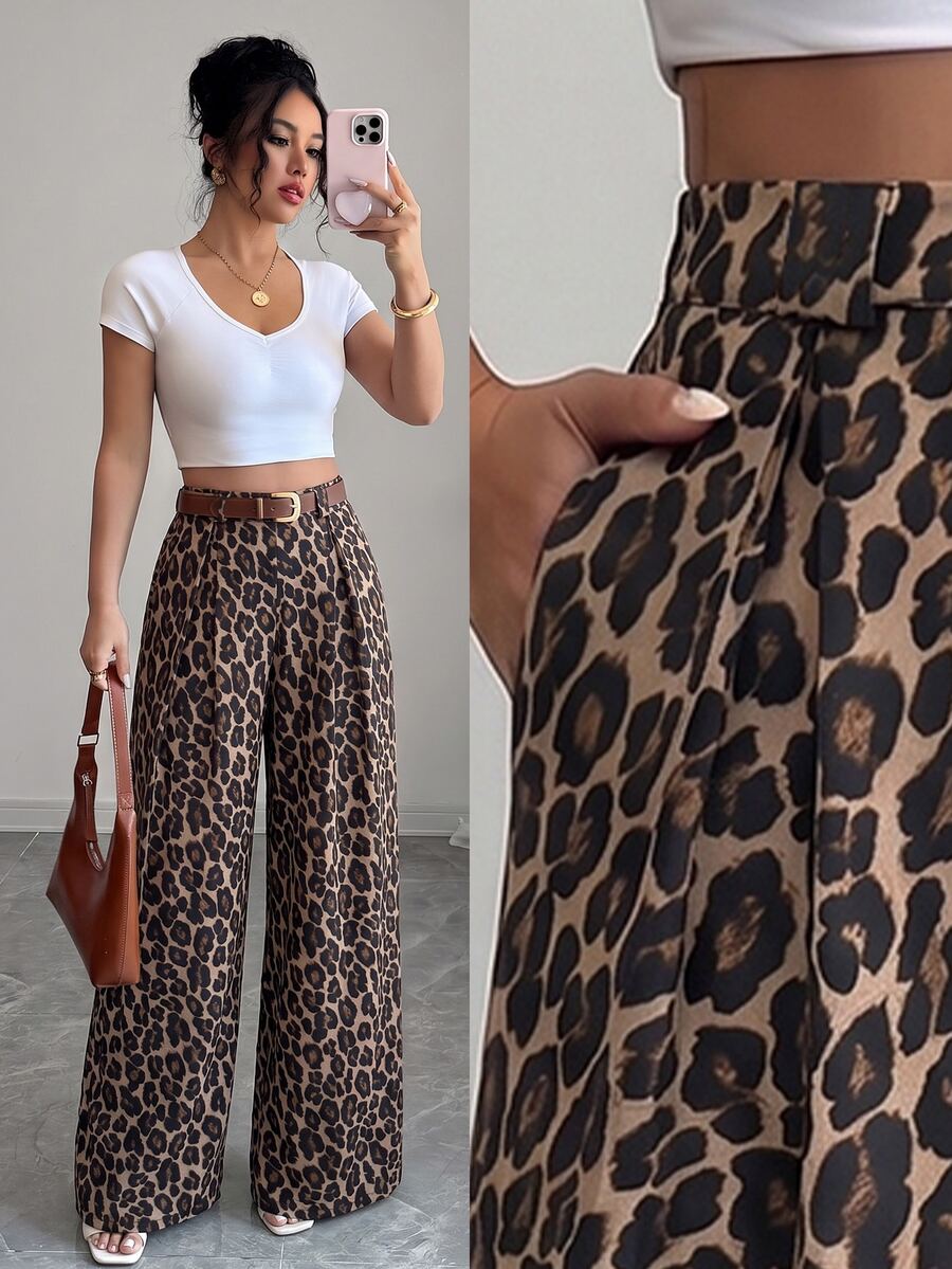 SHEIN PETITE Women's Leopard Print Casual Versatile Everyday Travel Pants - Multicolor - View 1