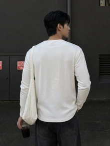 DAZY Spring/Autumn White Crew Neck Half-Button Men's T-Shirt - White - View 2