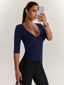 SHEIN BAE 女款V領短袖休閒極簡風T恤 - 藏蓝色 - 查看 4