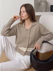 Dazy-Less Women's Autumn/Winter Coffee Brown Round Neck Button Cable Knit Long Sleeve Slim Fit Ribbed Cardigan - Coffee Brown - View 1