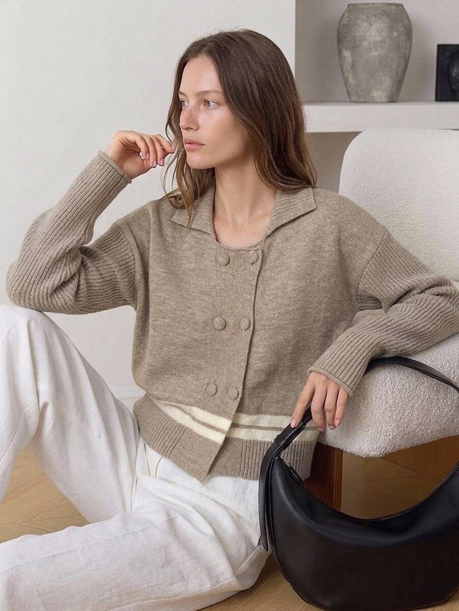 Dazy-Less Women's Autumn/Winter Coffee Brown Round Neck Button Cable Knit Long Sleeve Slim Fit Ribbed Cardigan - Coffee Brown - View 1