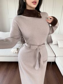 Feyla Women's Colorblock Patchwork Elegant Slim Fit Sweater Dress - Camel - View 5