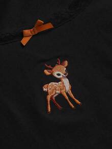 ROMWE J-Fashion 可愛鹿圖案刺繡蕾絲上衣搭配鹿圖案喇叭褲，秋冬款 - 黑色 - 查看 3