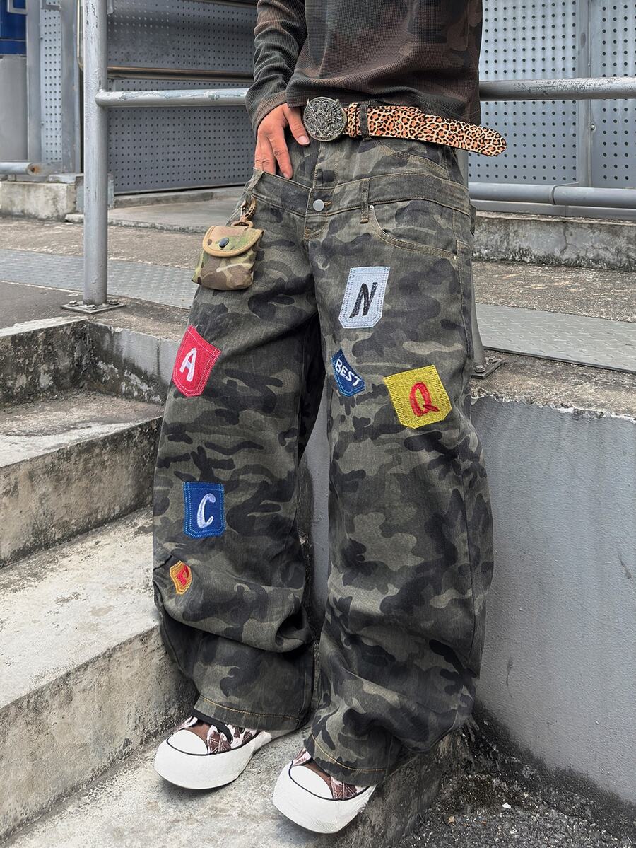 STEELVANCE 男士街頭風復古時尚拼接字母刺繡迷彩寬鬆直筒牛仔褲(不含腰帶) - 彩色 - 查看 1