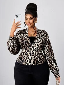 Maweii Plus Size Women's Deep V-Neck Vintage Leopard Print Long Sleeve Top, Street Style Commuter Outfit - Multicolor - View 1