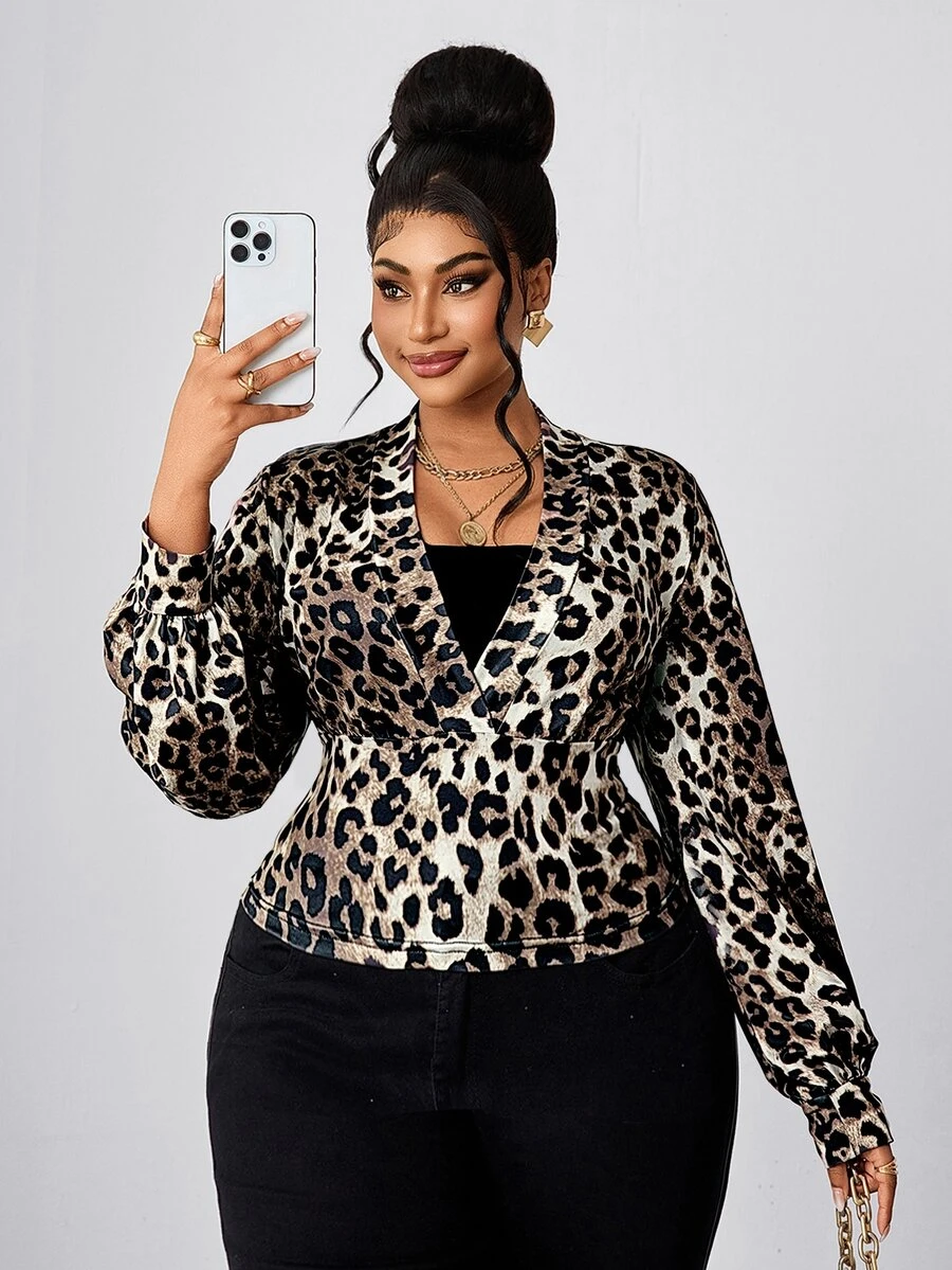 Maweii Plus Size Women's Deep V-Neck Vintage Leopard Print Long Sleeve Top, Street Style Commuter Outfit - Multicolor - View 1