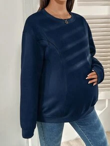 SHEIN 孕婦休閒純色哺乳上衣，秋冬抓絨寬鬆孕婦連帽衛衣女款運動衫 - 藏蓝色 - 查看 6