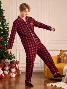 Notgurli Men's Red & Black Plaid 2 Pieces Pajama Set, Lapel Button-Up Long Sleeve Top & Long Pants, Loose Fit Loungewear For Autumn/Winter - Red - View 4