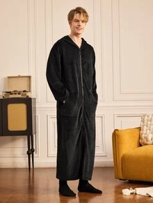 Provexi Provexi Men's Flannel Hooded Robe, Long Zip-Up Loose Fit Loungewear Pajama Jacket, Autumn/Winter - Black - View 3