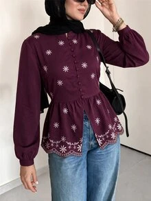 Feyla Women's Floral Embroidered Pattern Casual Daily Wear Shirt - Burgundy - View 3