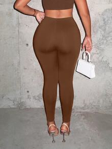 SHEIN SXY Women's Solid Color Casual Versatile Daily Wear Tight Leggings - Brown - View 2