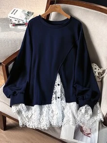 Lacomfia 女款 2 合 1 長袖蕾絲拼接休閒百搭大尺碼運動衫 - 彩色 - 查看 1