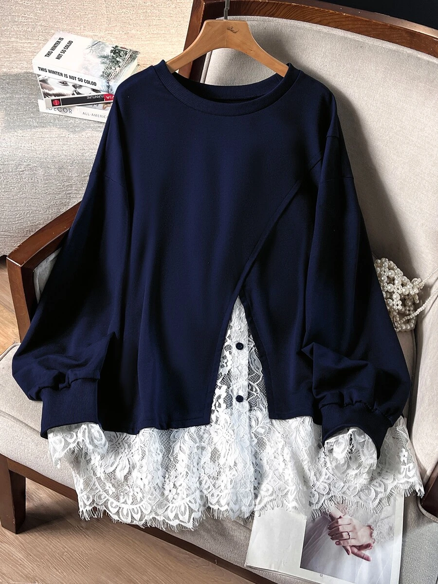 Lacomfia 女款 2 合 1 長袖蕾絲拼接休閒百搭大尺碼運動衫 - 彩色 - 查看 1