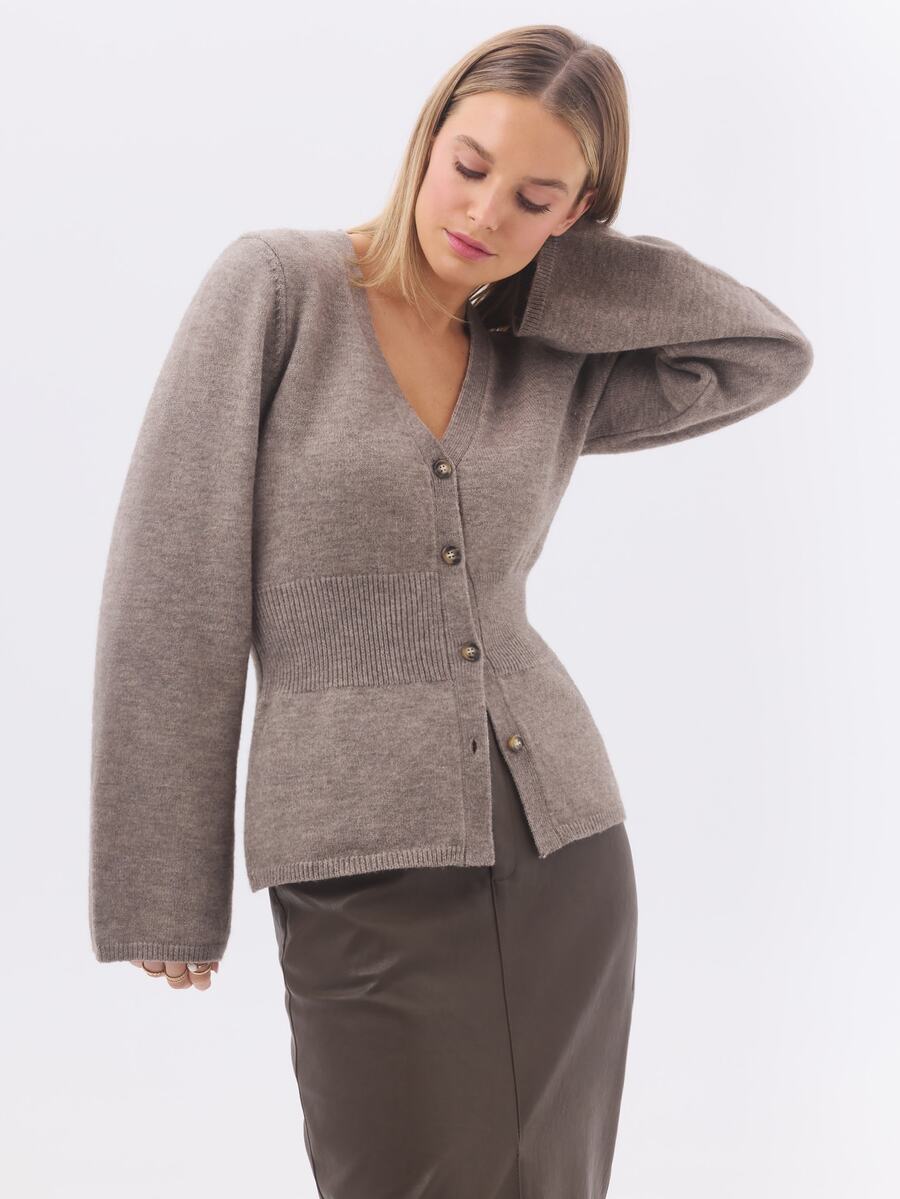 KÆRIA Hus Sculpted Waist Cardigan - Premium Clean-Finish Knit - Taupe Marle - Cocoon Sleeves, Winter Layering - Grey - View 1