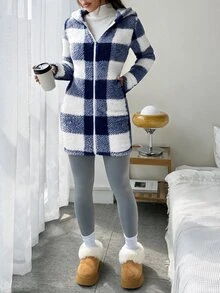 SHEIN EZwear 格紋毛絨女款長袖連帽休閒外套 秋冬款 - 寶藍色 - 查看 7