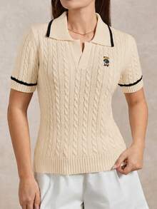 Briarwyn 秋季女款休閒可愛對比飾邊熊刺繡短袖 Polo 領粗針編織上衣，黑白配色，校園返校季老錢風 - 杏色 - 查看 6