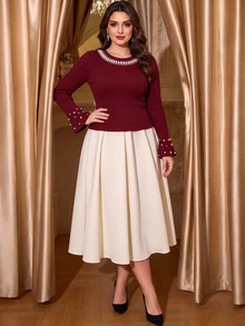 Auvina Plus Size Women's Faux Pearl Decor Casual Daily Sweater - Red - View 6