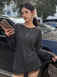 DAZY 女款 2 合 1 蕾絲拼接長袖寬鬆長版 T 恤，春秋服飾 - 黑色 - 查看 4
