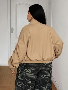 Maweii Plus Size American Style Short Khaki Casual Streetwear Utility Jacket - Khaki - View 6