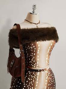SHEIN ICON Plus Size Women's Faux Fur Collar Shoulder Top And Deer Print Mini Skirt Set - Brown - View 6