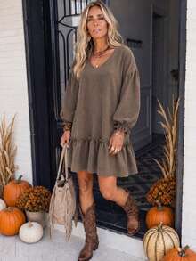 LanaWest CURVE Plus Size Korean Style V-Neck Ruffle Hem Dress - Brown - View 1