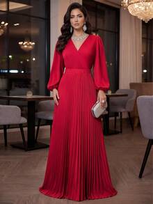 SHEIN Lady CURVE Plus Size Elegant Pleated V-Neck Evening Dress - Red - View 5