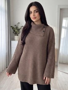Solavon Women's Shawl Collar Long Sleeve Mid-Length Loose Casual Sweater - Brown - View 5