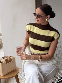 Firerie Elegant High Neck Loose Casual Versatile Sleeveless Knitted Striped Sweater Vest, Suitable For Dating, Chic - White - View 9