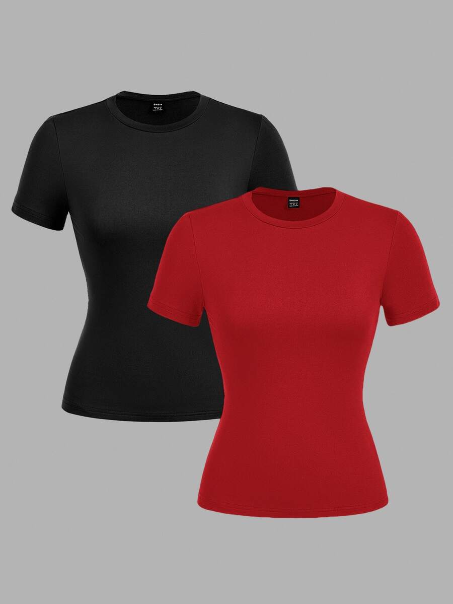 SHEIN EZwear 休閒極簡風 2件組 基本款黑色與紅色圓領短袖內搭衫，適合春夏秋季 - 彩色 - 查看 1
