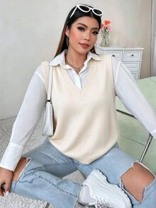 Flirla 大尺碼純色V領針織背心，適合秋冬穿著 - 杏色 - 查看 6