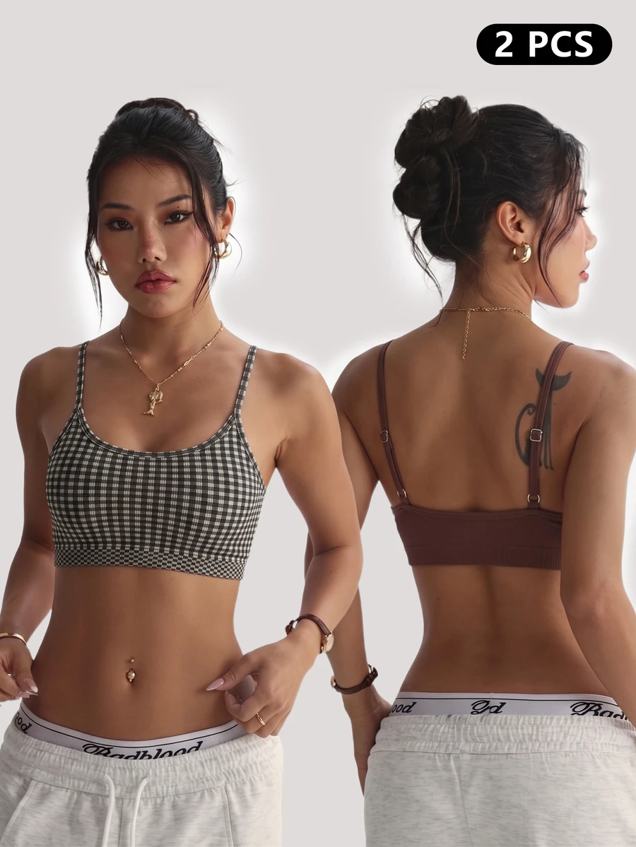StreetHx Women's Fashion Plaid Sports Bra - Black - View 1