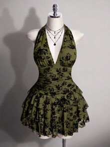 SHEIN ICON 女款大尺碼復古性感休閒千禧風Y2K優雅哥德約會深V領掛脖黑色網紗植絨蛋糕裙冬季 - 軍綠色 - 查看 3