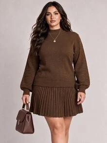 Nubod Plus Size High Neck Lantern Sleeve Ribbed Long Sleeve Sweater & Vertical Stripe Skirt 2 Pieces Set, Autumn/Winter - Brown - View 1