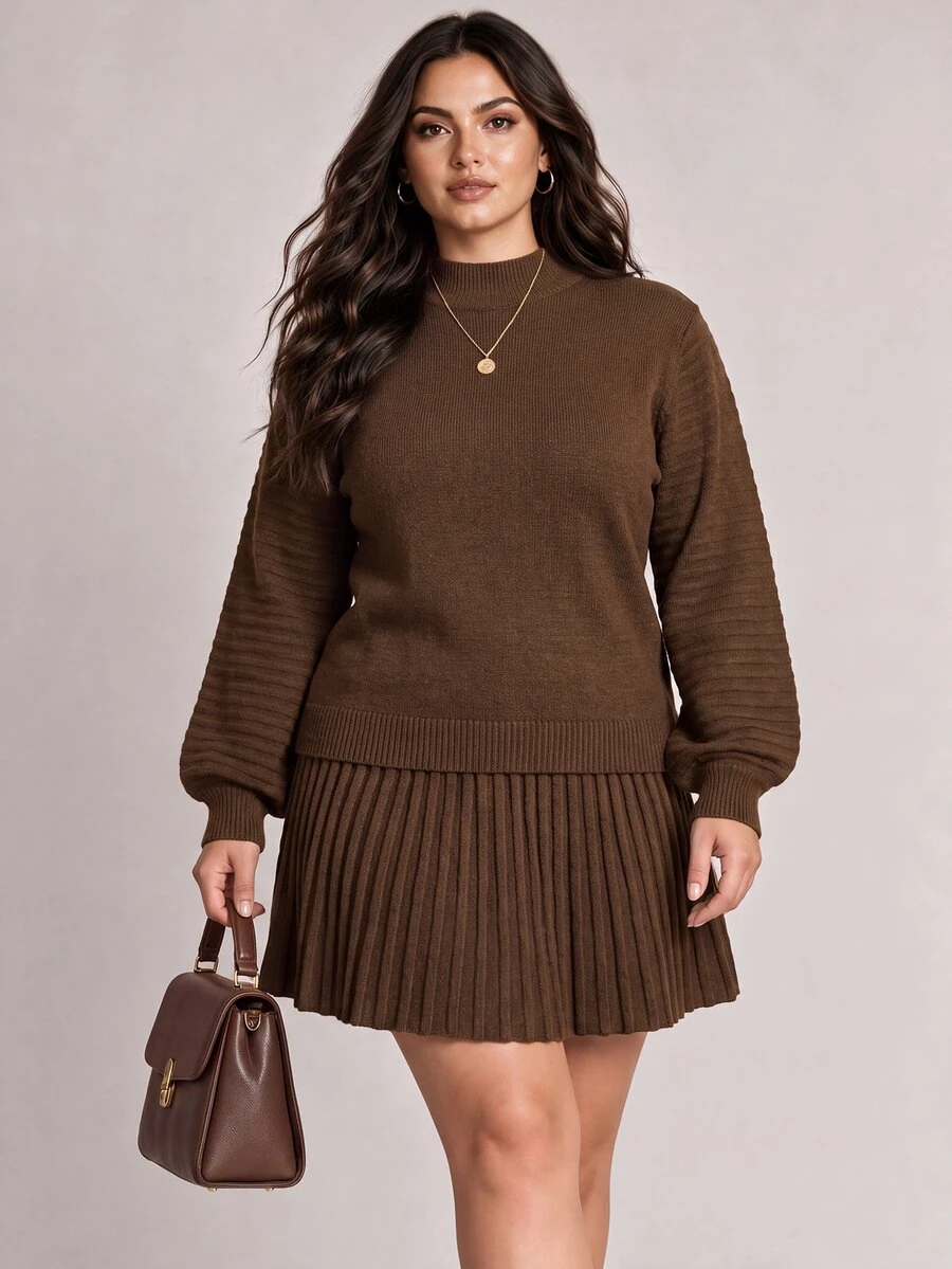 Nubod Plus Size High Neck Lantern Sleeve Ribbed Long Sleeve Sweater & Vertical Stripe Skirt 2 Pieces Set, Autumn/Winter - Brown - View 1