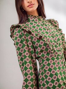 Nöista Geometric Print Ruffle Trim Jumpsuit - Green - View 6