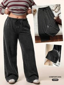 Comfortcana Plus Size Vintage Cargo Style Style Loose Washed Drawstring Black Casual Sports Pants, Suitable For All Seasons, Perfect For Birthday Parties, Vacations And Autumn Outfits - Black - View 3
