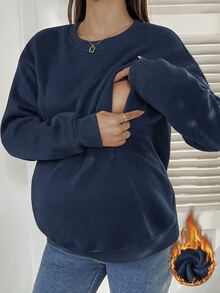 SHEIN 孕婦休閒純色哺乳上衣，秋冬抓絨寬鬆孕婦連帽衛衣女款運動衫 - 藏蓝色 - 查看 1